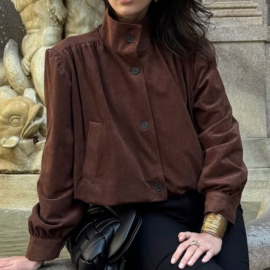 Elegant Women Bloggers Same Faux Suede Pleating Jacket Coat