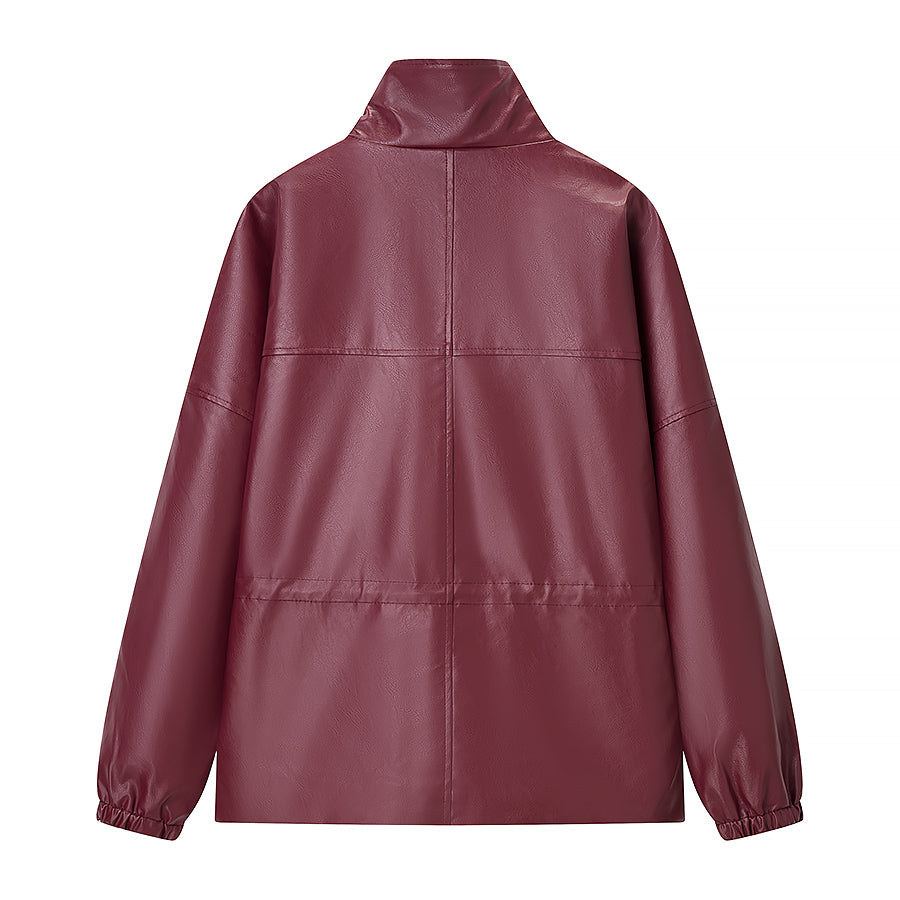 Autumn Waist Stand Collar Pocket Casual Leather Clothing Trench Coat Dark Red Leather Coat