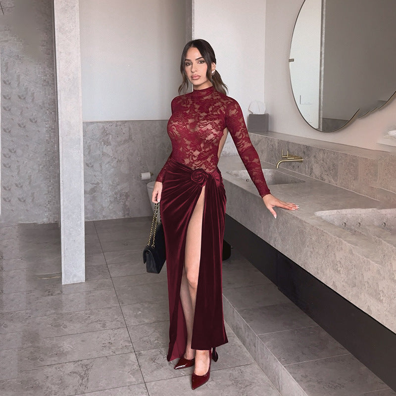 Autumn Elegant Sexy Slim Fitting Patchwork Lace Velvet Dress Women