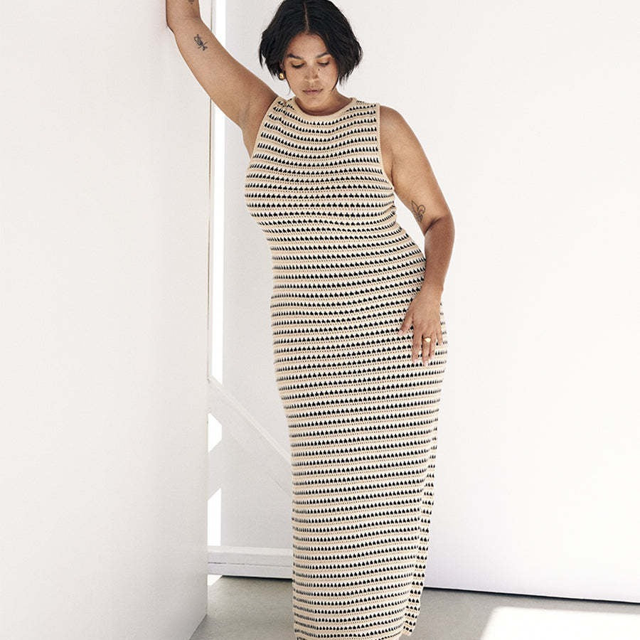 Striped Contrast Color Beach Vacation Sexy Dress Knitted Hollow Out Cutout Out Long Sleeveless Knitted Dress