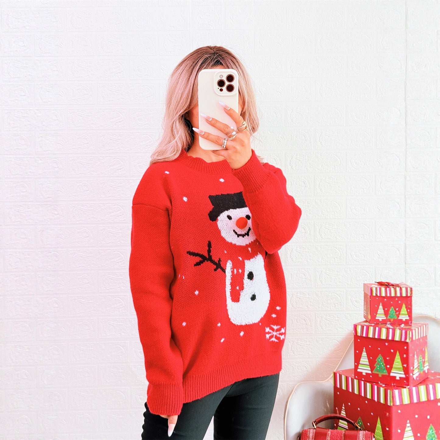 Snowman Year Knitted Pullover Casual Warm Color Matching Chic Christmas Sweater
