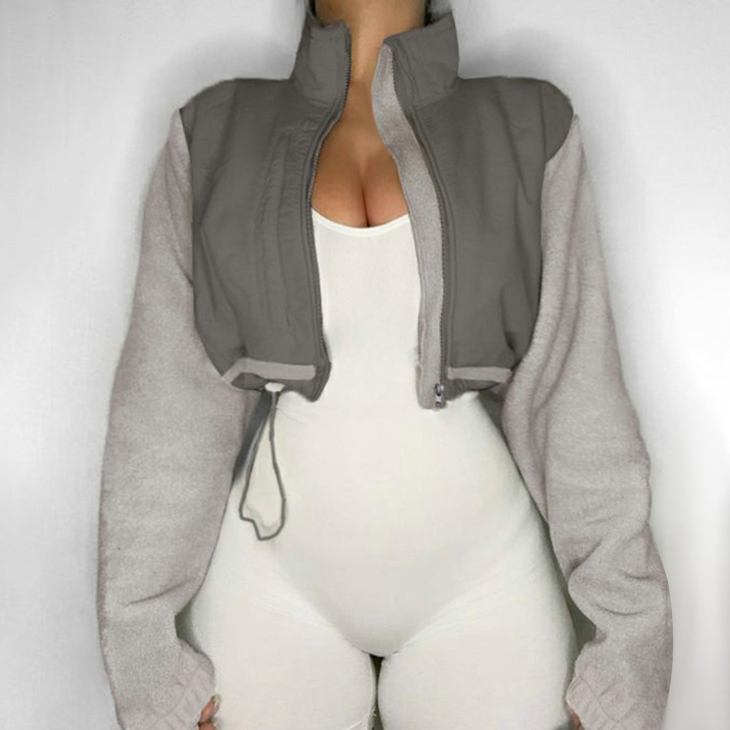 Sports Workwear Jacket Stand Collar Drawstring Zipper Short Long Sleeve Cardigan Polar Fleece Jacket Women