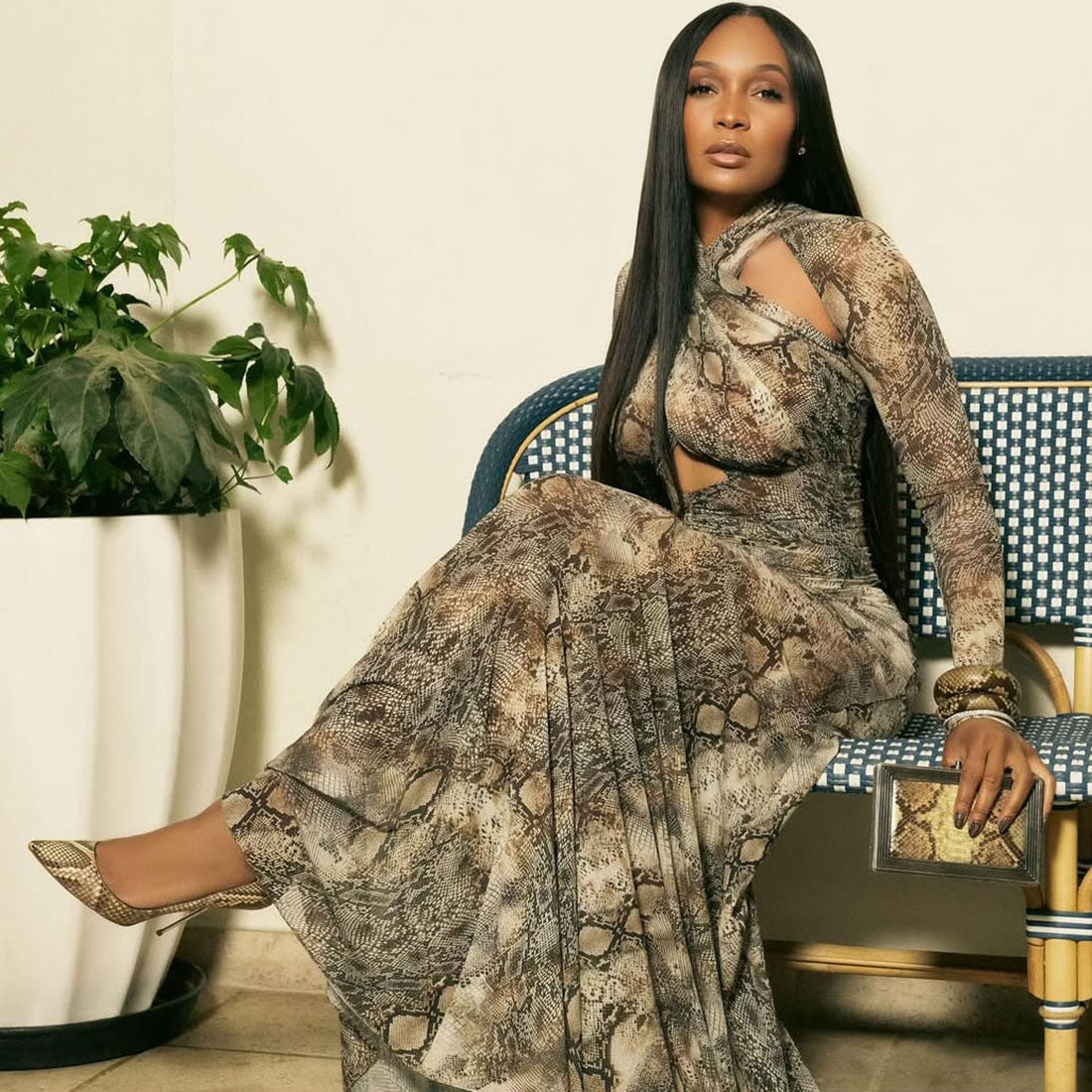 Autumn Personalized Snake Print Hollow Out Cutout Slim Sexy Jumpsuit Dress