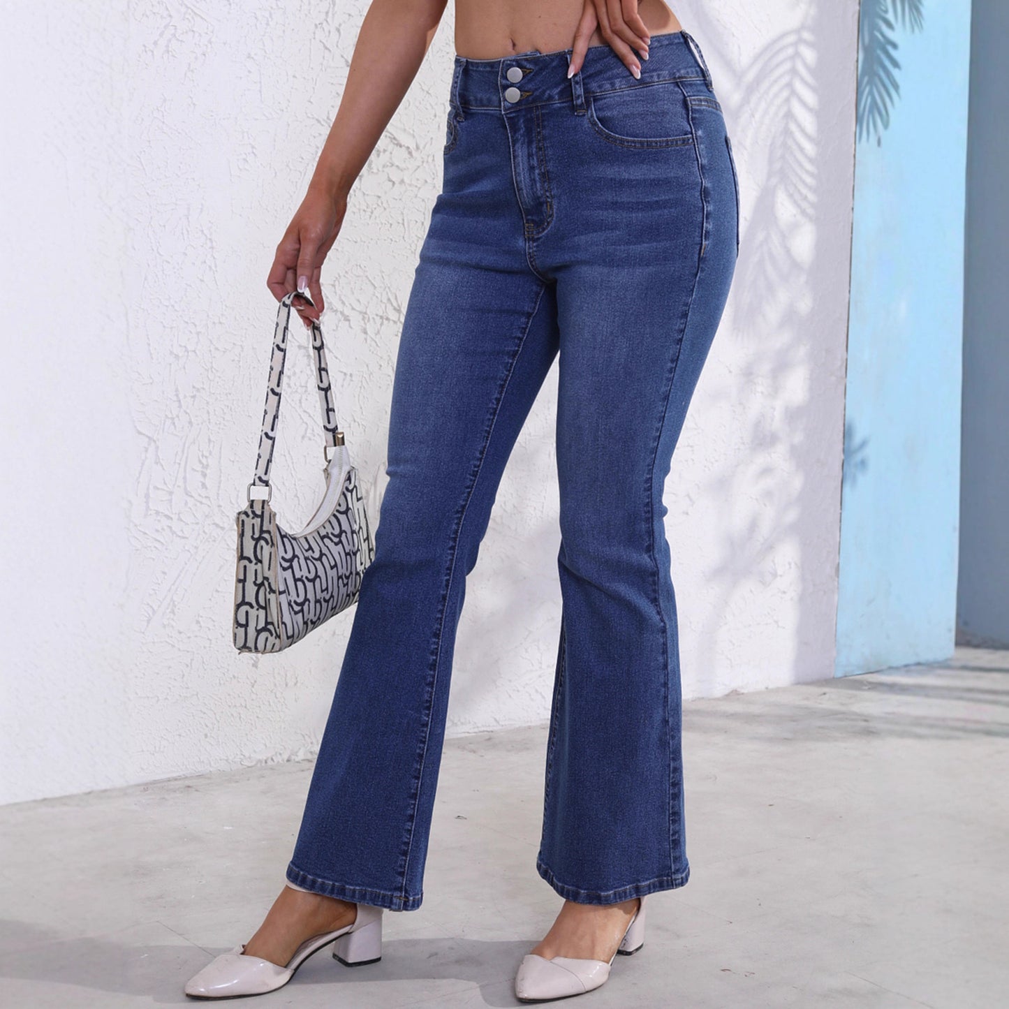 Women Jeans Stretch Double Button Multi Craft Pocket Design Slim Fit Bell Bottom Pants Slimming Blue Trousers