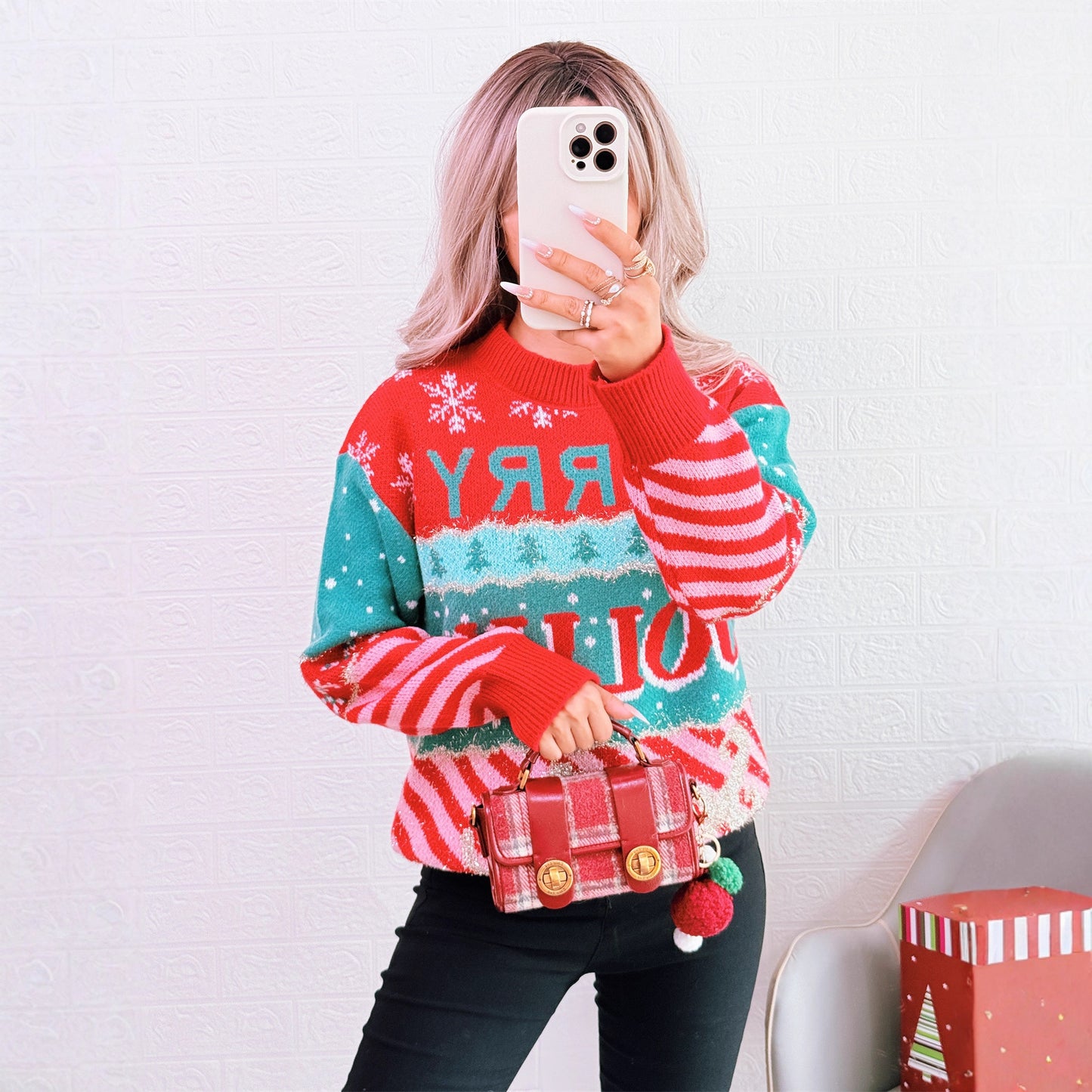 Christmas Contrast Color Knitted Pullover Crew Neck Casual Jacquard Long Sleeve Sweater for Women