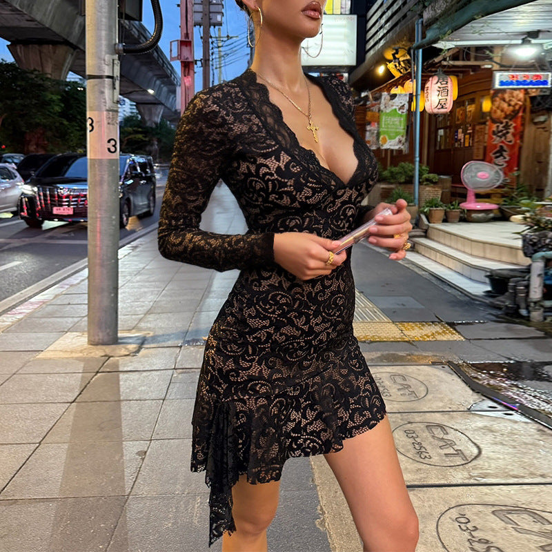 Autumn Adult Lady like Woman Sexy Hip Lace Long Sleeve Irregular Asymmetric Hem Deep V Plunge Dress