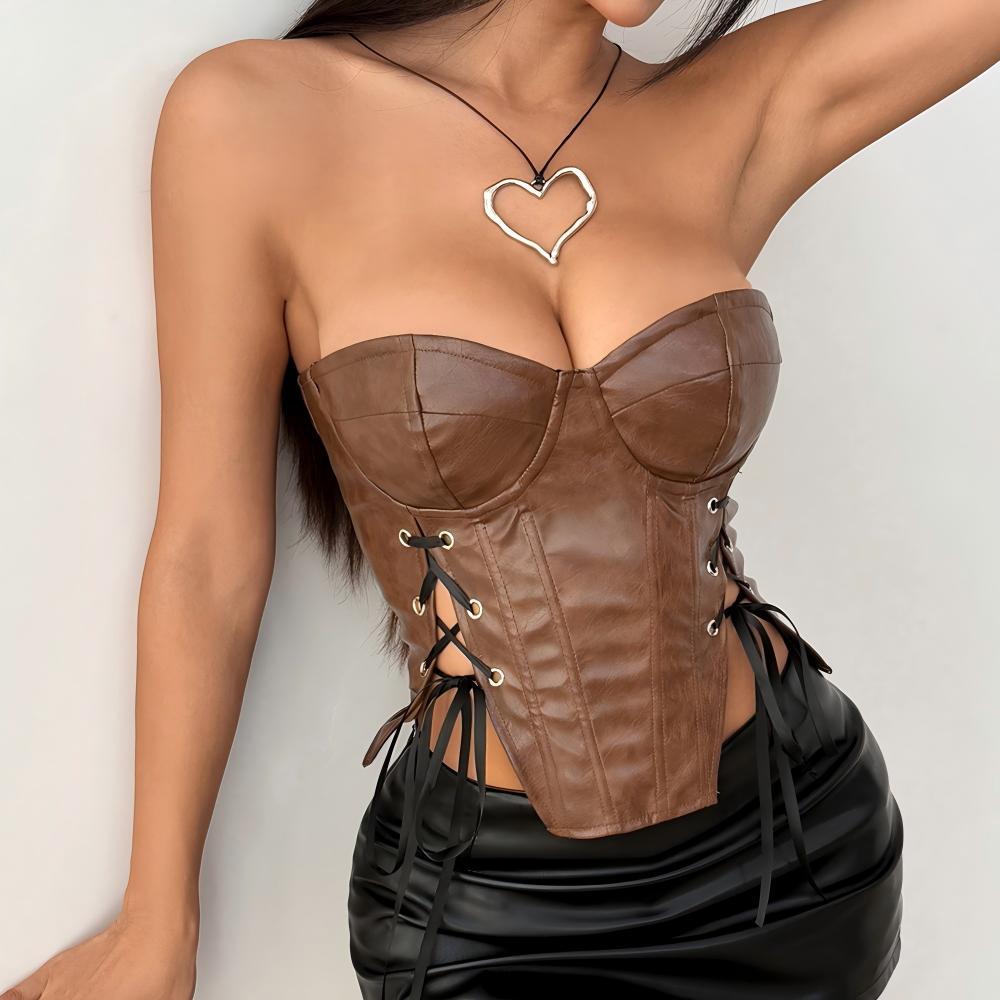 Women Clothing Cool Chic Faux Leather Waist Tube Top Sexy Sexy Leather Top Wrapped Chest Boning Corset Top