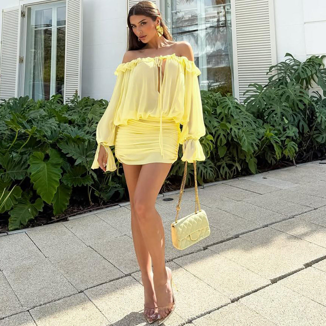 Fall Women Clothing Sexy off the Shoulder Hollow Out Cutout out Tied Solid Color Slim Hip Bag Dress