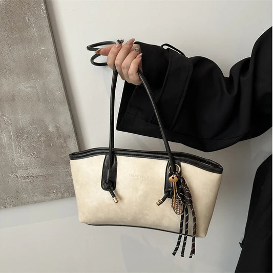 European American Retro Tote Bag, Korean Fashion Shoulder Bags Advanced Simple Handbag New Large Capacity Pendant Versatile Bags