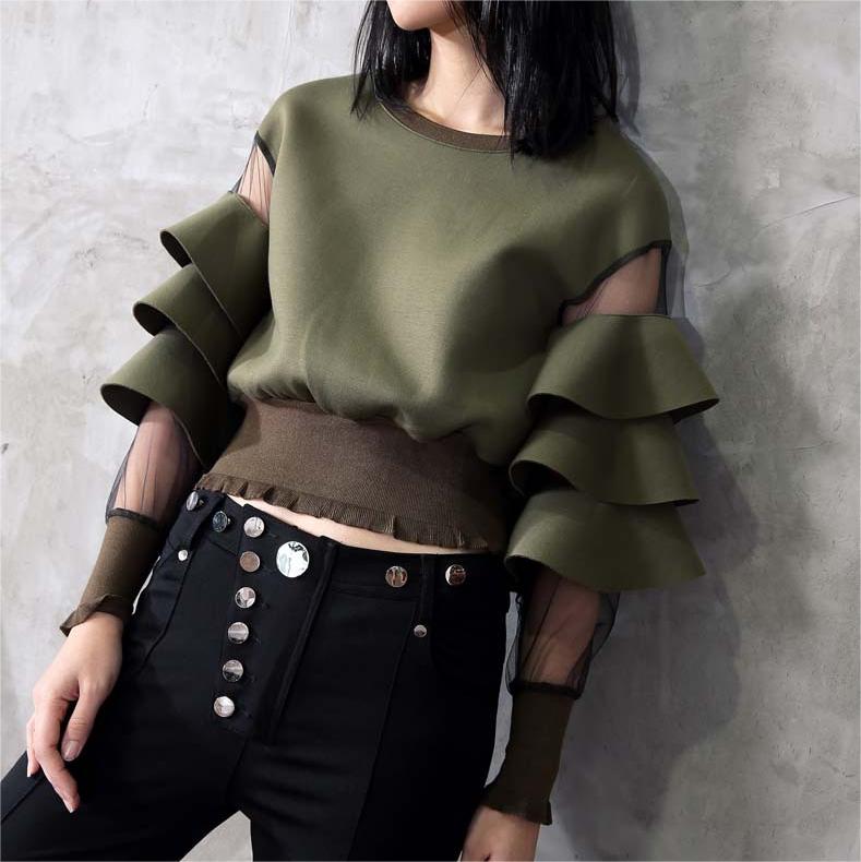 Air Layer Stitching Mesh See Through Ruffled Thread Cuff Hem Short Sweatshirt Women
