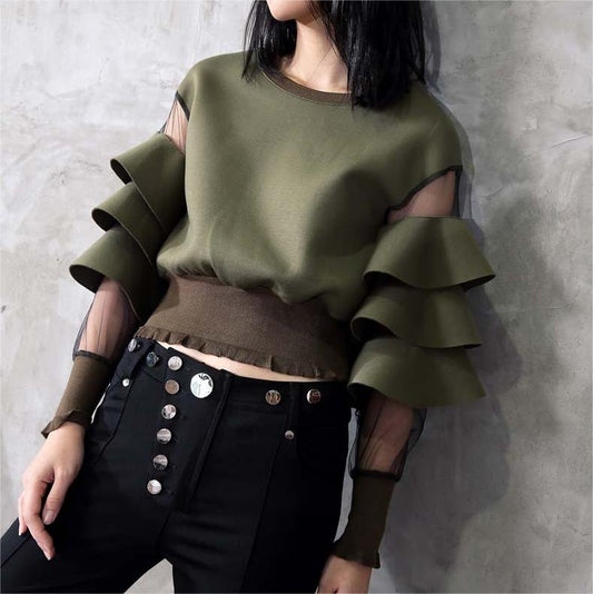 Air Layer Stitching Mesh See Through Ruffled Thread Cuff Hem Short Sweatshirt Women