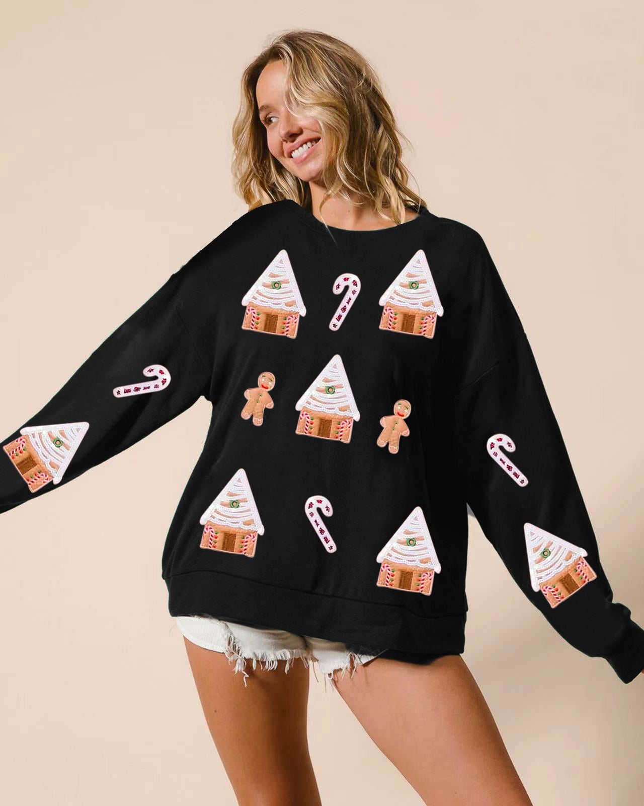 Autumn Winter Women Clothing Christmas House Sequined Sweatshirt Casual Top Women