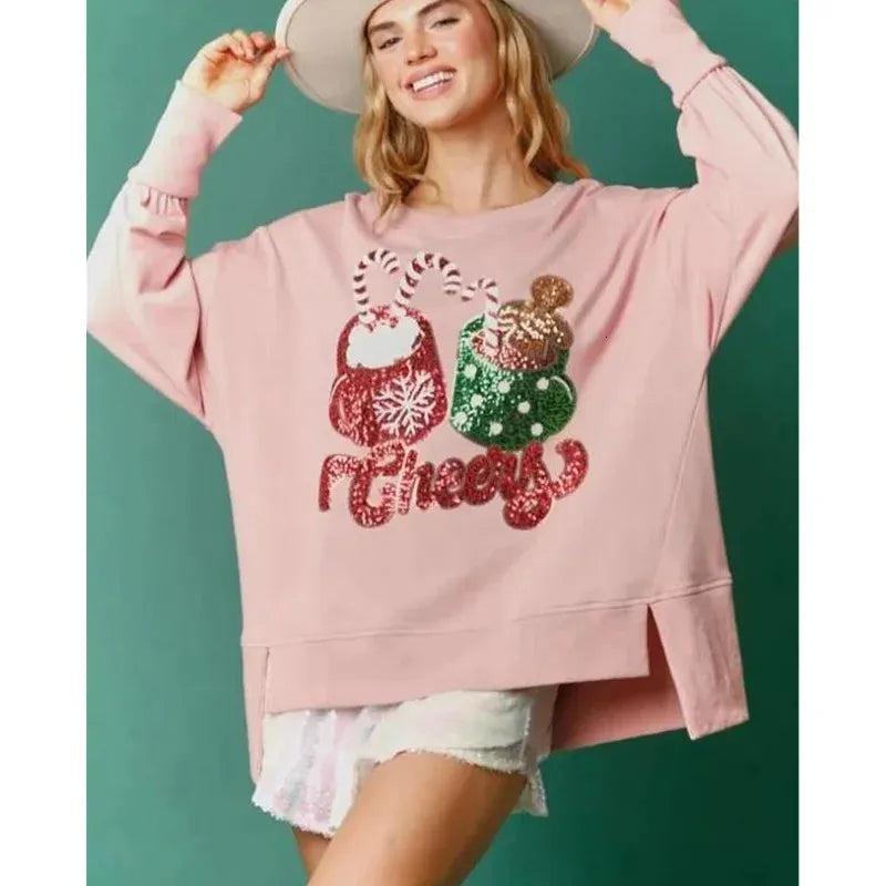 Autumn Winter Wome Christmas Confectionery Cup Sequined Sweatshirt Casual Loose Top Women