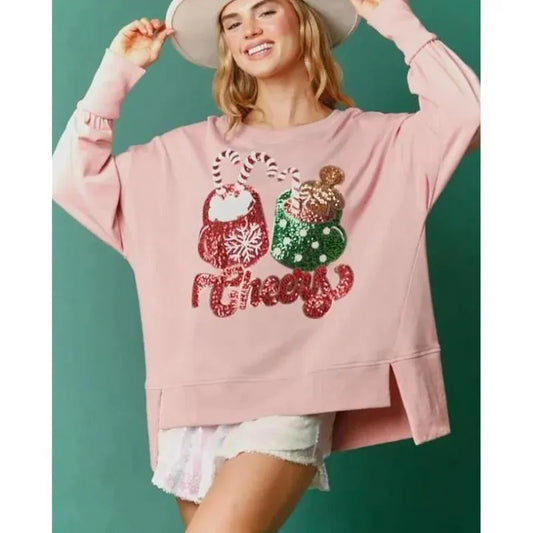 Autumn Winter Wome Christmas Confectionery Cup Sequined Sweatshirt Casual Loose Top Women