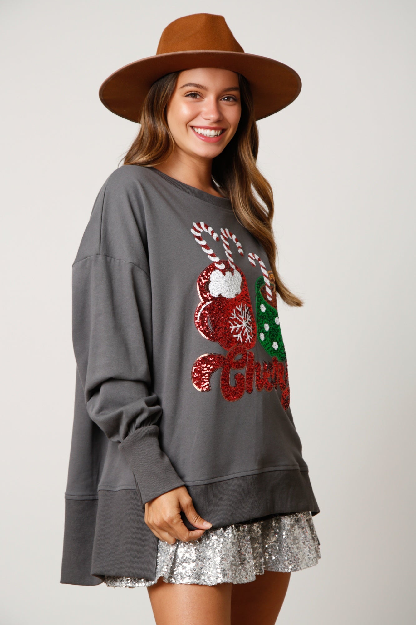 Autumn Winter Wome Christmas Confectionery Cup Sequined Sweatshirt Casual Loose Top Women