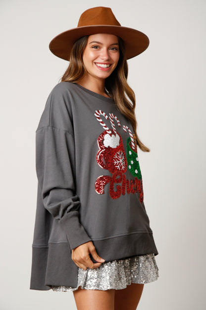 Autumn Winter Wome Christmas Confectionery Cup Sequined Sweatshirt Casual Loose Top Women