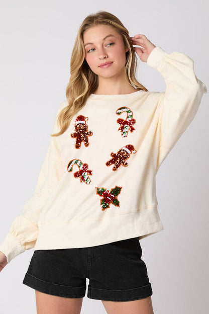 Autumn Winter Women Clothing Christmas Gingerbread Man Sequined Casual Sweatshirt Long Sleeved Top for Women