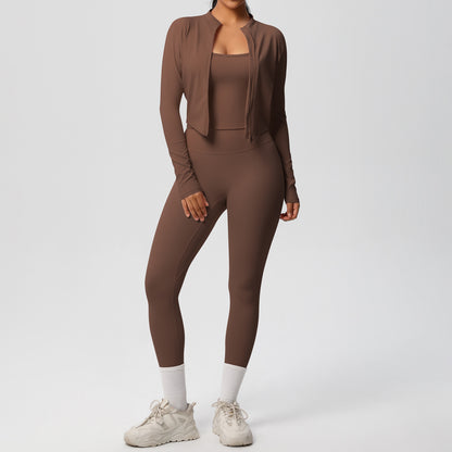 Skinny Yoga Pants High Waist Nude Feel Camisole Sports Zip Long Sleeve Coat Workout Clothes Three Piece Set