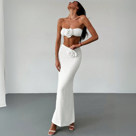 Women Tube Top Knitted Hollow Out Cutout Floral High Waist Skirt Set