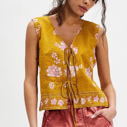 Women Tops Vintage Print Lace up Loose Ladies Vest