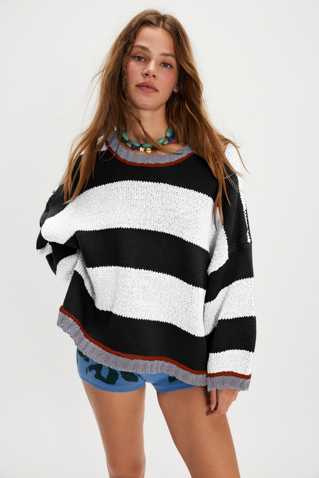 Autumn Winter Contrast Color Striped Sweater Women Pullover Fashionable Knitted Loose Lazy Top Autumn Winter Sweater Women