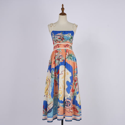 Women Vacation Linen Palm Tree Pattern Picnic Style Halter Dress