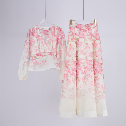 Women Beach Style Long Sleeved Silk Linen Buttoned Design Cardigan And Skirt Two Piece Sets