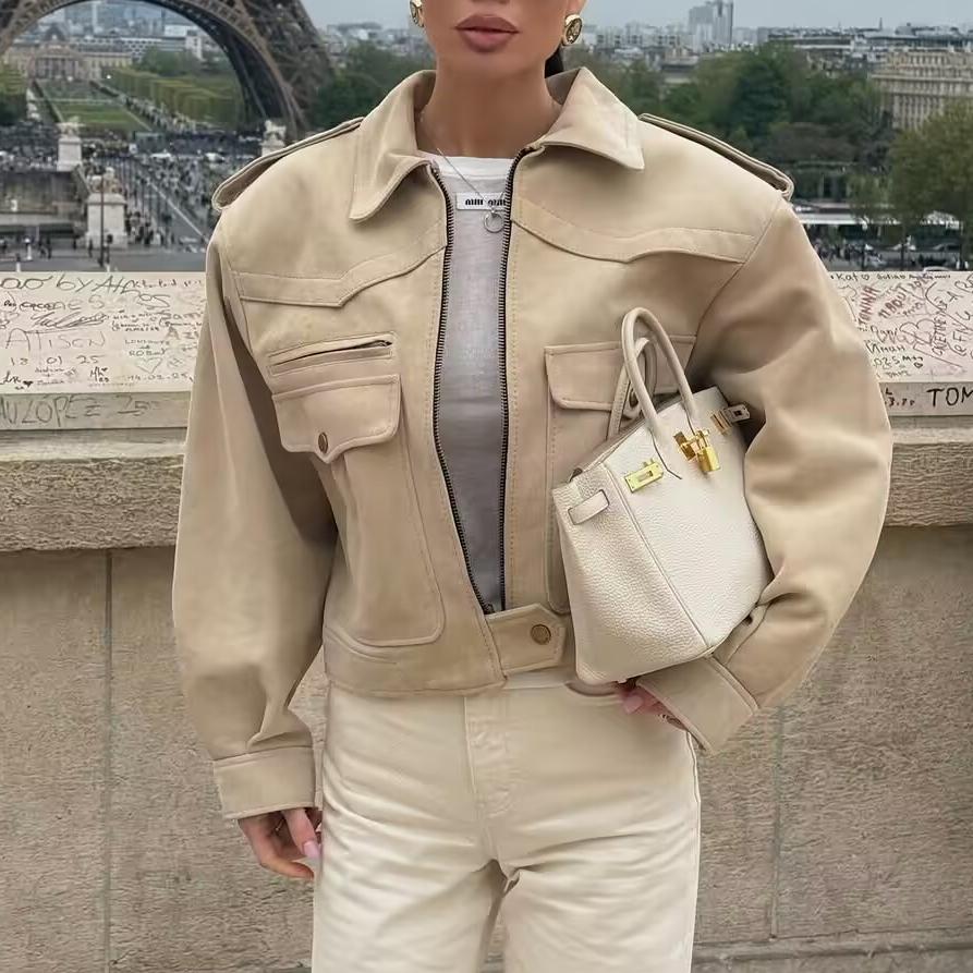 Women Clothing Autumn Collared Long Sleeve Pocket Decoration Design Jacket Varsity Jacket Women