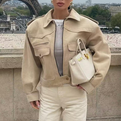 Women Clothing Autumn Collared Long Sleeve Pocket Decoration Design Jacket Varsity Jacket Women