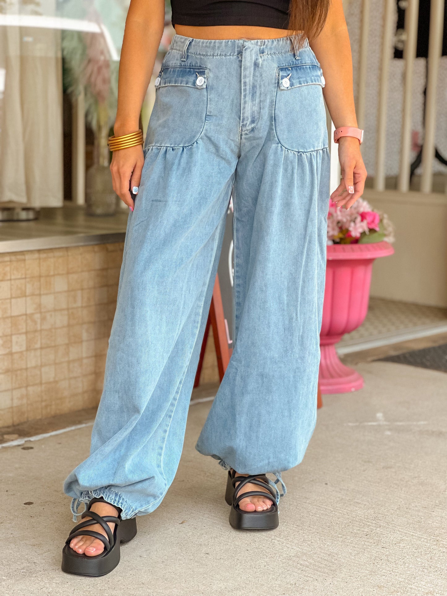 Ladies Spring Summer Trousers Buckle Multi Pocket Ankle Banded Lace up Bell Bottom Pants Denim Trousers