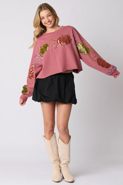 Autumn Winter Women Halloween Pumpkin Sequined Top Long Sleeve Pullover Hoodie Women