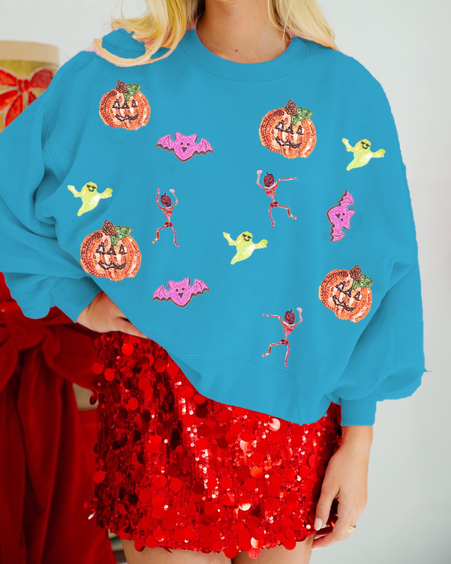 Autumn Winter Women Halloween Multicolor Sequ Loose Long Sleeve Sweatershirt round Neck Top