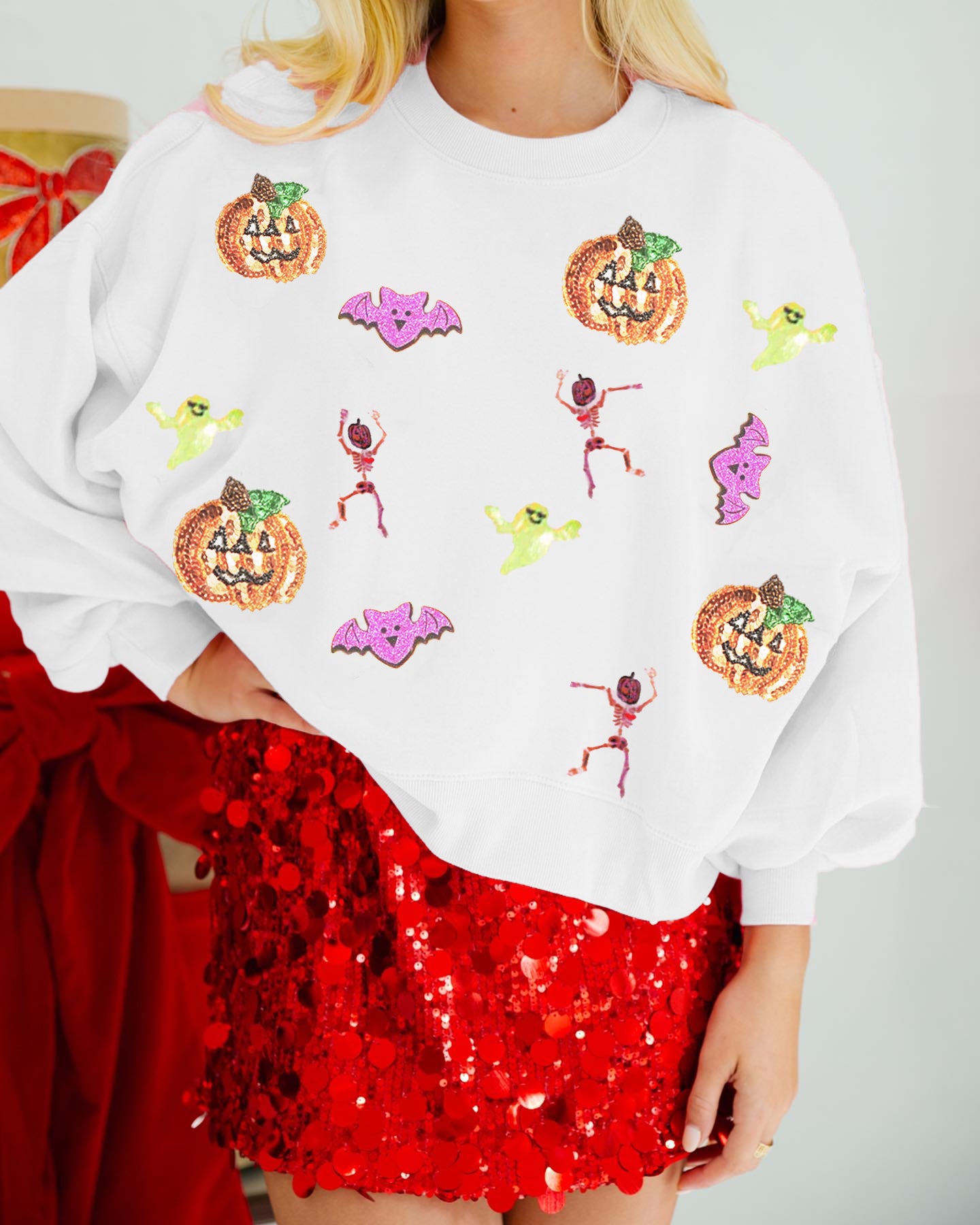 Autumn Winter Women Halloween Multicolor Sequ Loose Long Sleeve Sweatershirt round Neck Top