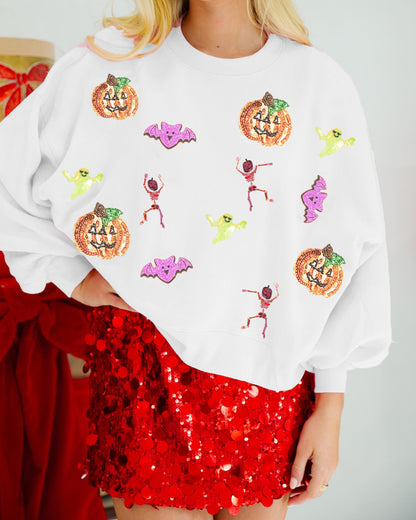 Autumn Winter Women Halloween Multicolor Sequ Loose Long Sleeve Sweatershirt round Neck Top