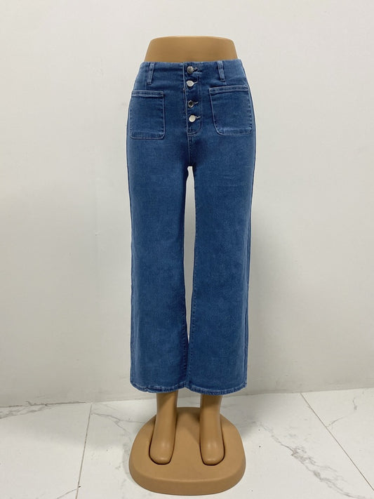 Autumn Breasted Stretch Jeans Women High Waist Slimming Washed Straight Leg Pants