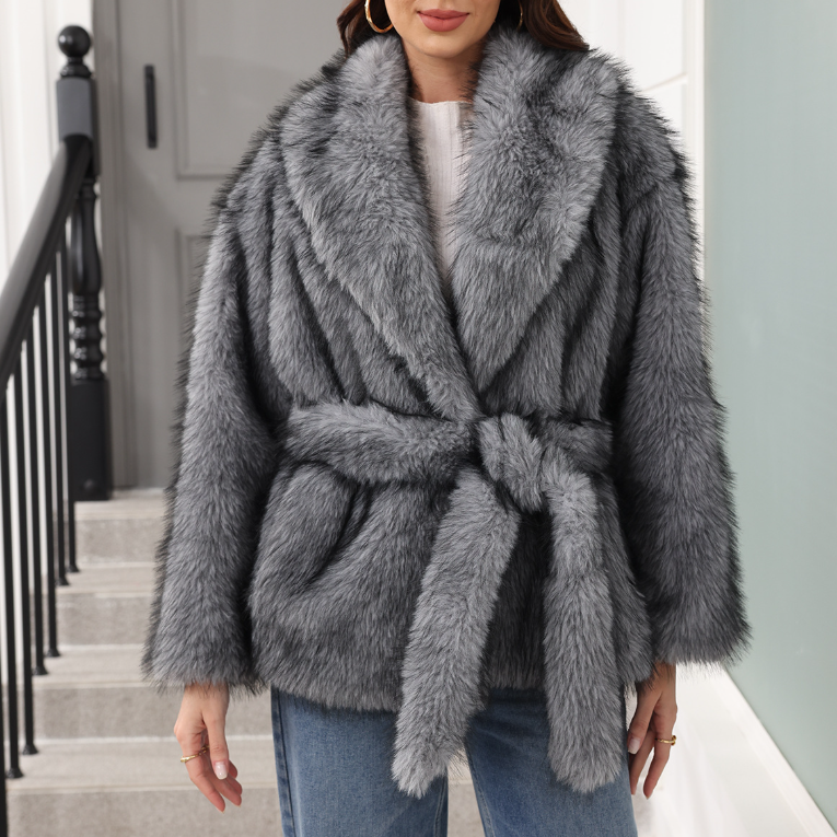 Faux Fur with Belt Mid Length Coat Trend Women Clothing Warm Thick Fluff Long Sleeve Coat