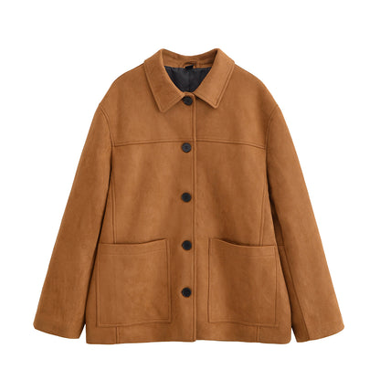 Women Clothing Collared Long Sleeve Suede Texture Jacket Varsity Jacket Jacket Women