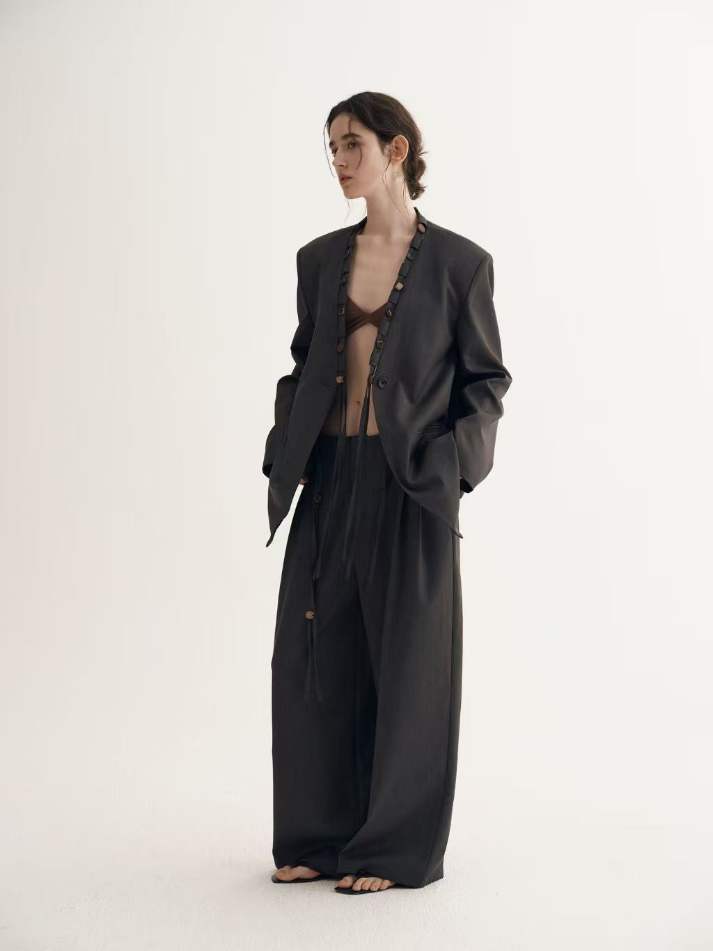 Autumn Personalized Loose Version Real Wood Buckle Combination Top Two Piece Pants Women