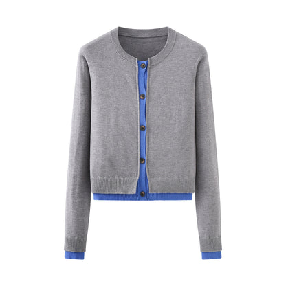 Autumn Placket Color Contrast Patchwork round Neck Long Sleeve Knitted Coat