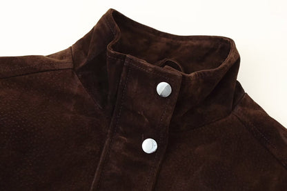 Women Clothing Fall Pocket Suede Bomber Jacket Coat