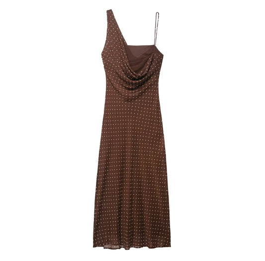 Autumn Simple Pleated Neckline Polka Dot Dress