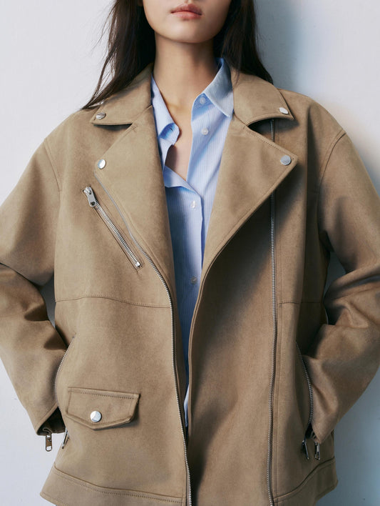 Elegant Women Suede Zipper Collared Motorcycle Jacket