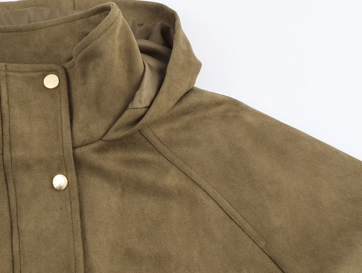 Women Clothing Autumn All Match Stand Collar Suede Effect Hooded Jacket Coat