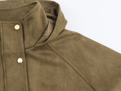 Women Clothing Autumn All Match Stand Collar Suede Effect Hooded Jacket Coat