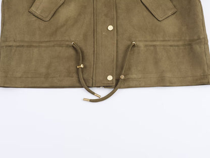 Women Clothing Autumn All Match Stand Collar Suede Effect Hooded Jacket Coat