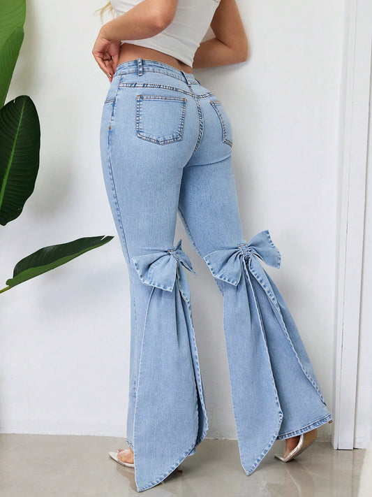 Retro Three Dimensional Bow Slim Fit Elastic Mop Denim Bell Bottom Pants