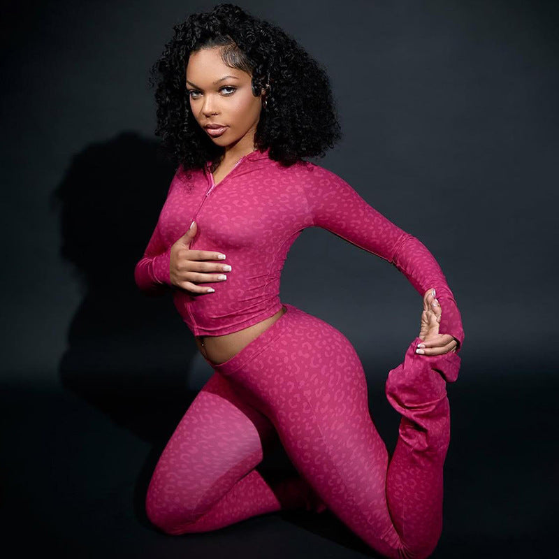 Autumn Winter Women Clothing Hooded Long Sleeve Leopard Print Sports Slim Fitting Trousers Two Piece Set