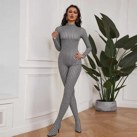 Autumn Winter Women Clothing Printed Turtleneck Long Sleeve Sexy High Waist Slim Fit Bodysuit