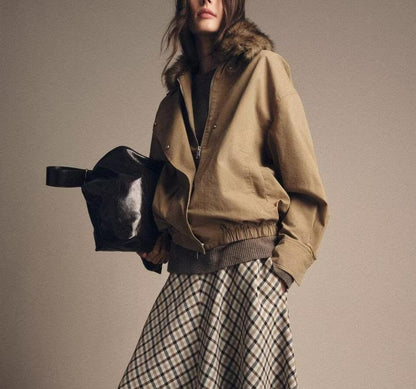 Elegant Women Artificial Fur Collar Bomber Jacket Jacket