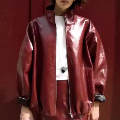 Autumn Winter Women Street Retro Leather Clothing with Stand Collar Coat